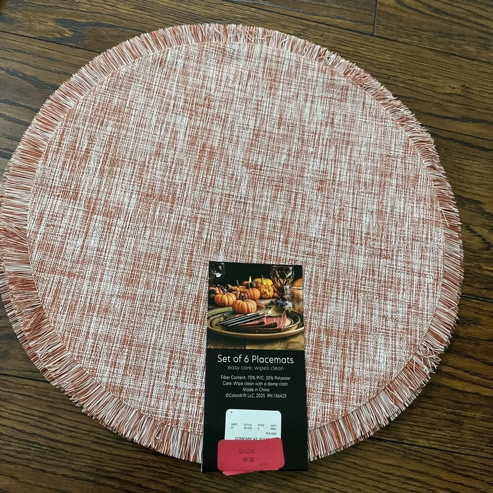 COLORDRIFT PLACEMATS 6 Orange White Fringe 15 INCH ROUND PVC Polyester NWT
